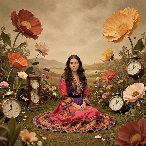 Photograph of a woman with long dark hair, wearing a vibrant pink and purple embroidered dress, kneeling among giant flowers and clock faces in a surreal,