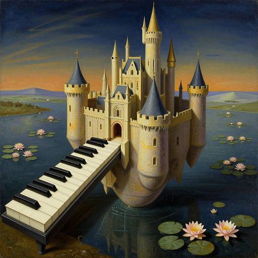 Digital painting of a floating castle with blue-topped towers, a white and black piano bridge, and pink lotus flowers on a serene lake at sunset