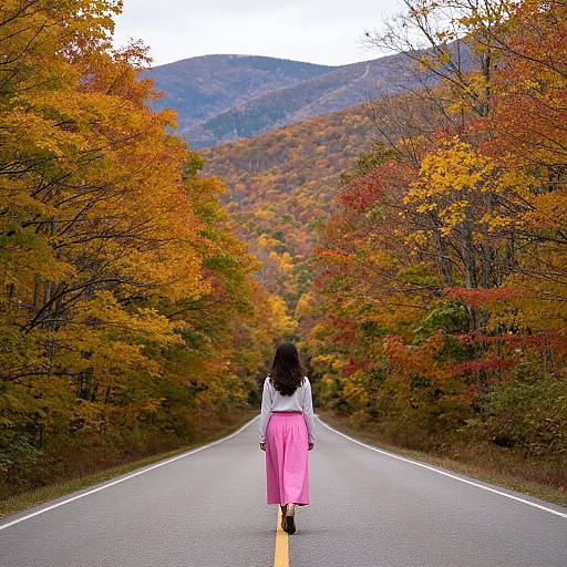 Photograph of a woman with long black hair, wearing a white top and pink skirt, walking down a narrow, tree-lined road with vibrant autumn foliage