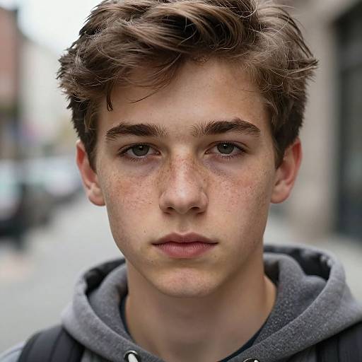 Photograph of a young, fair-skinned, brown-haired boy with freckles, blue eyes, and neutral expression, wearing a gray hoodie,
