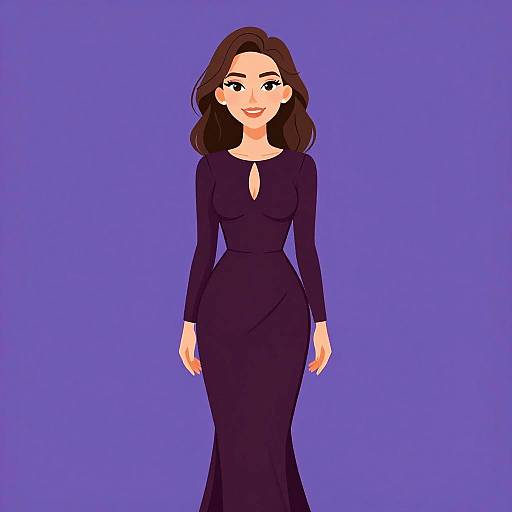 Digital illustration of a smiling woman with fair skin, brown wavy hair, wearing a form-fitting, long-sleeve, black dress with a