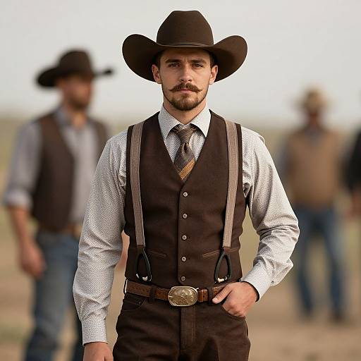 Photograph of a handsome man with a mustache, wearing a black cowboy hat, white shirt, black vest, and suspenders, standing confidently in