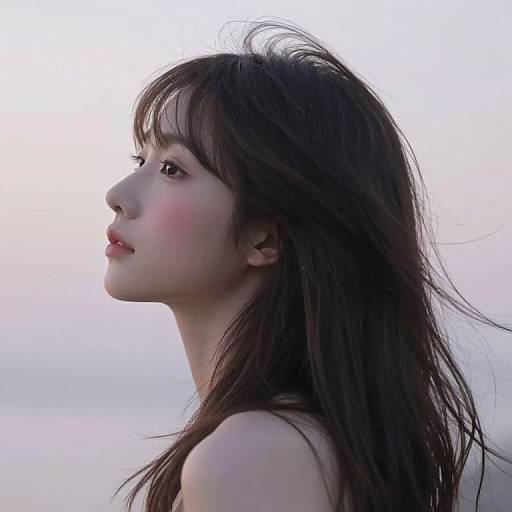 Photograph of an Asian woman with long, dark brown hair, fair skin, and pink blush on her cheeks, looking to the right against a soft