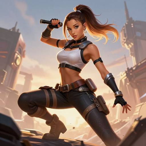 Digital artwork of a fierce, athletic woman with tan skin, brown hair in a ponytail, white crop top, black gear, holding a flashlight,