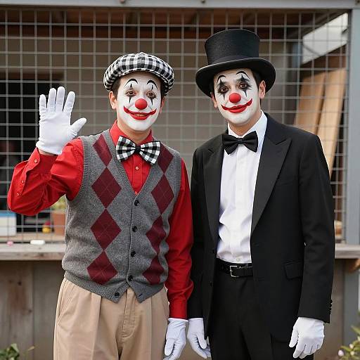 Two Clowns in Costume Posing Outdoors
