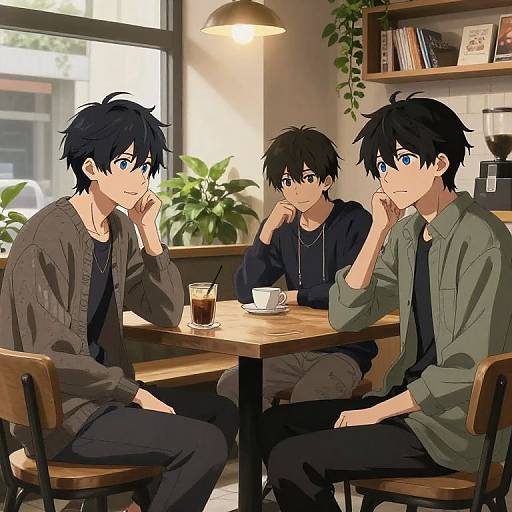 Digital anime-style drawing of three handsome young men with black hair and blue eyes, sitting at a wooden cafe table, wearing casual clothes, sipping 