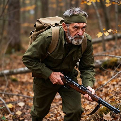 Determined Soldier in Autumn Forest