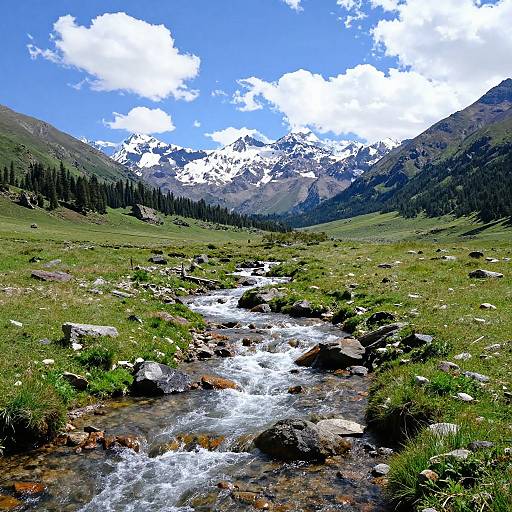 Photograph of a vibrant mountain landscape: clear blue sky, white clouds, snow-capped peaks, green meadow, rocky stream flowing through, and