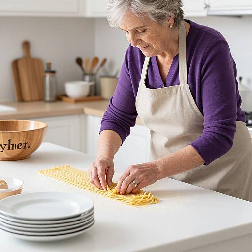 Elderly Woman Arranging Fresh Spaghetti
