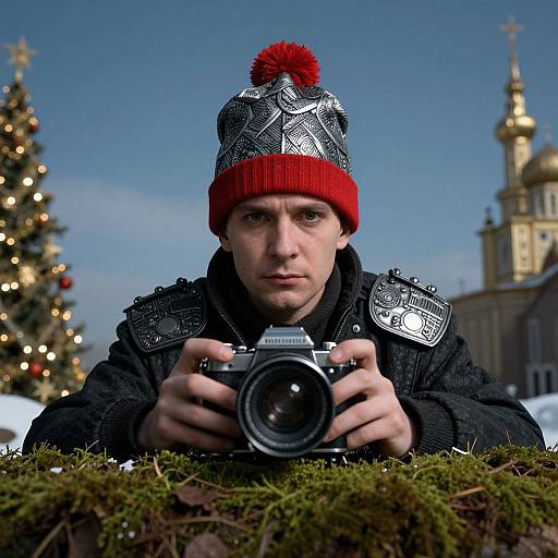 Photograph of a serious man in a black jacket and patterned red-and-black hat, holding a camera, with a Christmas tree and church in the