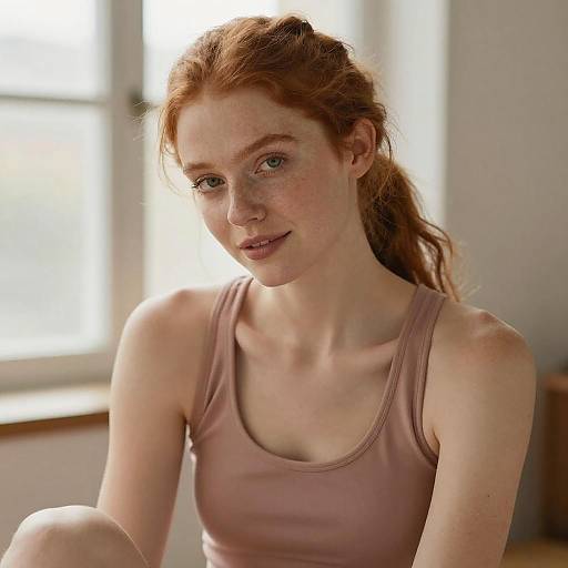 Photograph of a fair-skinned, red-haired young woman with freckles, wearing a pink tank top, sitting indoors near a bright window.