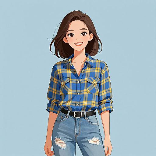 Digital anime-style drawing of a smiling woman with shoulder-length brown hair, wearing a blue-yellow plaid shirt and ripped blue jeans.