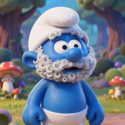 CGI blue cartoon character with white curly beard, hat, and loincloth, standing in a colorful forest with giant mushrooms.