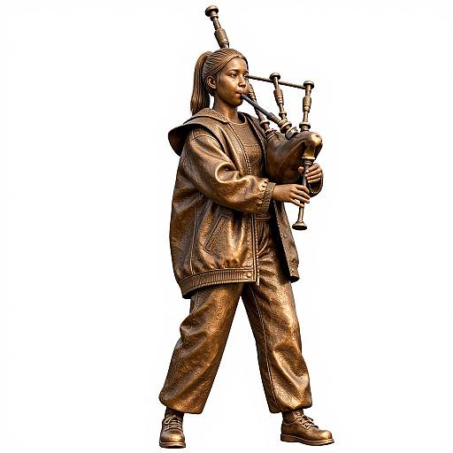 Bronze statue of a young person with long hair, playing a bagpipe. They wear a hooded jacket and baggy pants, standing against a