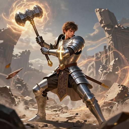 Digital art: Muscular male warrior in shining silver armor, wielding a flaming war hammer, stands powerfully amidst a ruined, sunlit battlefield.