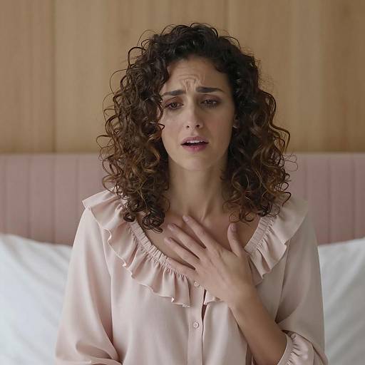 Anxious Woman in Pink Blouse on Bed