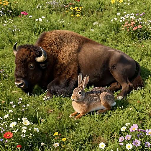 Photograph of a large, dark brown bison lying in a sunlit grassy meadow with colorful wildflowers, accompanied by a small, alert