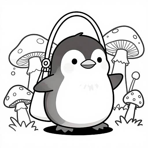 Cute Baby Penguin in Mushroom Field