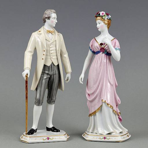 Photograph of a white porcelain figurine couple; male in 18th-century suit with striped pants, cane, and top hat; female in pink