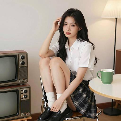 Stylish Asian Woman in Retro Setting