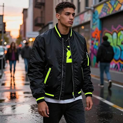 Photograph of a young man with short curly hair, wearing a black jacket with neon yellow accents, standing on a wet, graffiti-covered urban street at