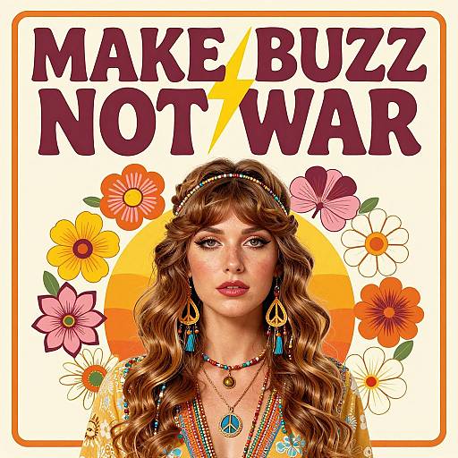 Digital art: Retro-styled woman with wavy brown hair, colorful jewelry, and flower-patterned dress, set against orange sunburst and flowers.