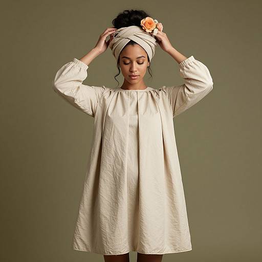 Photograph of a serene Black woman with dark skin, wearing a white loose dress, white headwrap with orange flower, adjusting her hair against a plain
