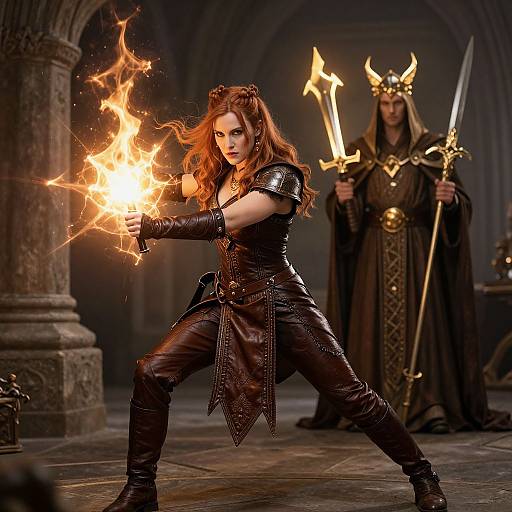 Photograph of a fiery red-headed warrior woman in black leather armor, facing a crowned, regal figure with a golden trident and sword in a