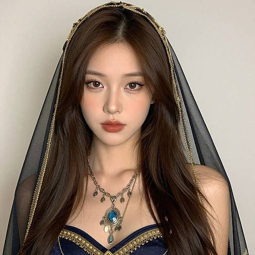 Photograph of an East Asian woman with long brown hair, wearing a black veil with gold trim, and a blue and gold necklace, with a white