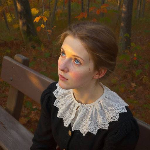 Photograph of a young woman with fair skin, blue eyes, and brown hair, wearing a black dress with a white lace collar, sitting on a