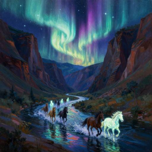 Psychedelic Aurora Canyon with Bioluminescent Horses