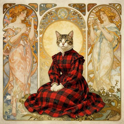 Digital illustration of a cat in a red plaid Victorian dress, flanked by two ethereal, nude, classical women with flowing hair and floral backgrounds