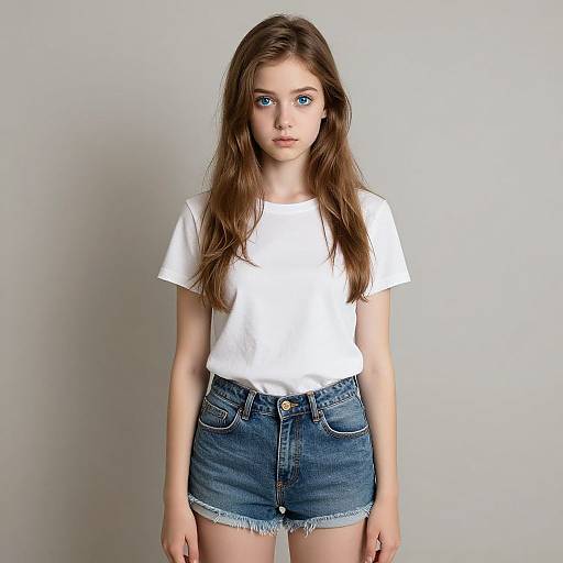 Photograph of a young Caucasian girl with long brown hair, blue eyes, wearing a white t-shirt and blue denim shorts, standing against a plain light