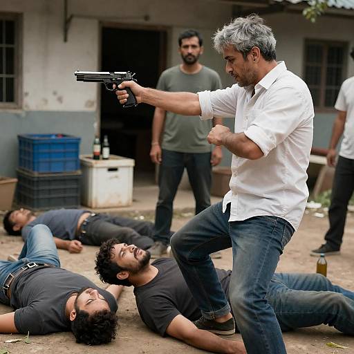 Man Pointing Gun and Kicking in Intense Action Scene