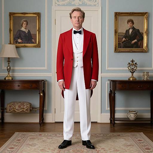 Photograph of a man in a red velvet jacket, white trousers, black bow tie, standing in a blue-walled room with two framed portraits,