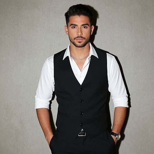Photograph of a handsome man with short, dark hair and trimmed beard, wearing a black vest over a white shirt, hands in pockets, silver chain