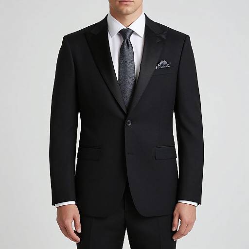 Photograph of a man in a black suit with a white shirt, dark gray tie, and patterned pocket square, against a white background.