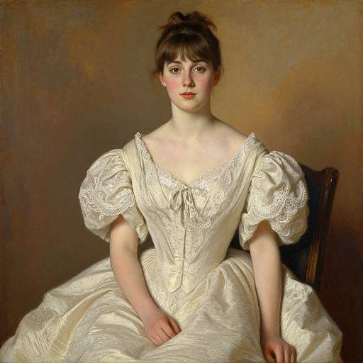 Photorealistic painting of a fair-skinned woman with brown hair in an updo, wearing an off-shoulder, cream-colored, lace-tr