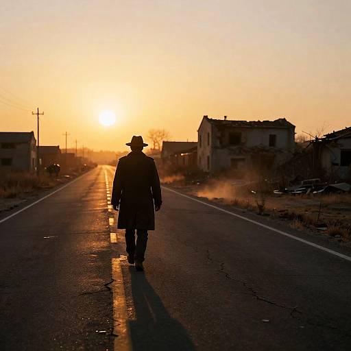 Lone Figure Walking on Abandoned Road at Sunset