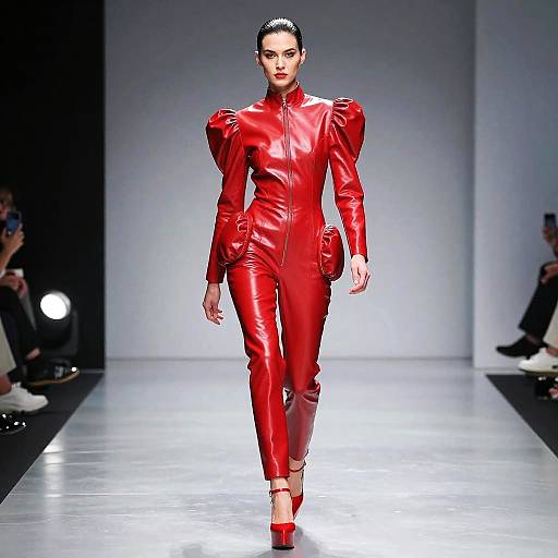 Model in Red Latex Jumpsuit on Runway