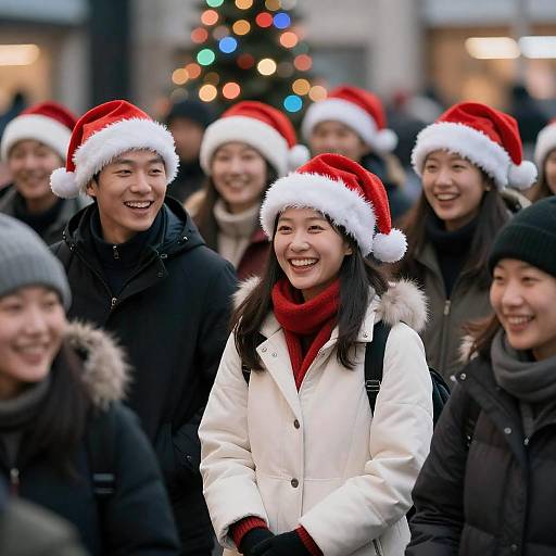 Group of Young Adults Wearing Santa Hats Outdoors