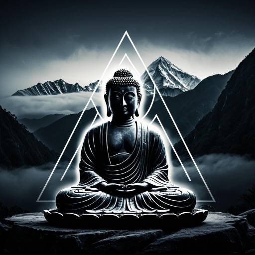 Peaceful Buddha with Mountain Mist and Geometric Design