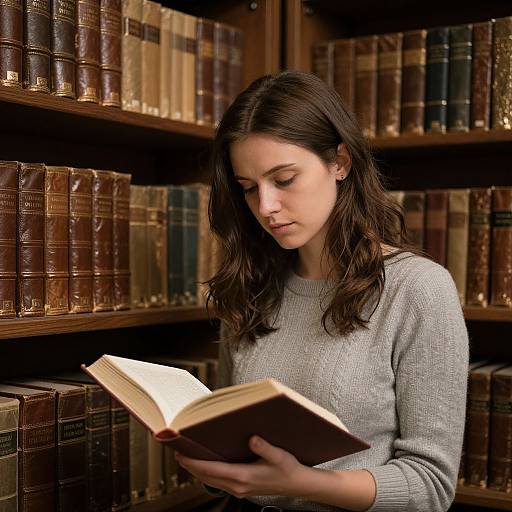 Photograph of a young woman with long brown hair, wearing a gray sweater, reading a book in a dimly lit library with wooden shelves filled with