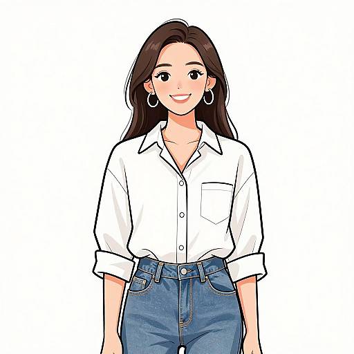 Digital anime-style drawing of a smiling woman with long brown hair, wearing a white button-up shirt and blue jeans, against a white background.