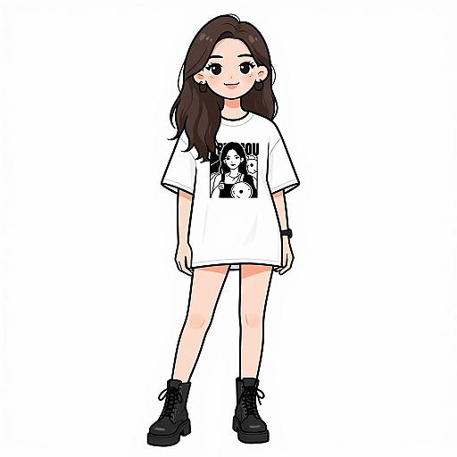 Digital anime-style drawing of a young woman with long dark brown hair, wearing a white oversized T-shirt, black boots, and a wristband, standing