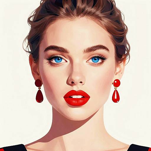 Digital portrait of a fair-skinned woman with blue eyes, red lipstick, brown hair in an updo, wearing red teardrop earrings, against