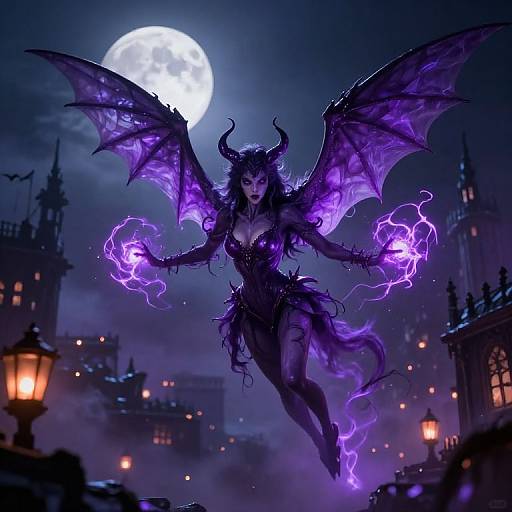 Digital artwork of a dark, purple-skinned demoness with bat wings, horns, and glowing purple energy, flying under a full moon over a fog