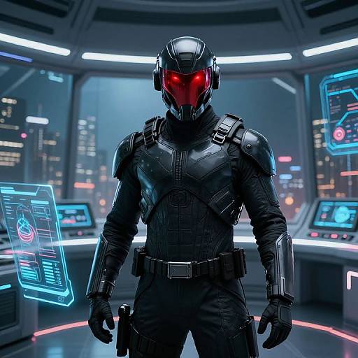 Photorealistic CGI of a muscular, black-armored futuristic soldier with glowing red eyes standing in a high-tech, neon-lit control room.