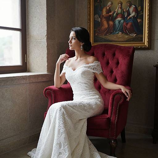 Photograph of a dark-haired woman in an off-shoulder white lace wedding dress, sitting on a red velvet chair, gazing out a window