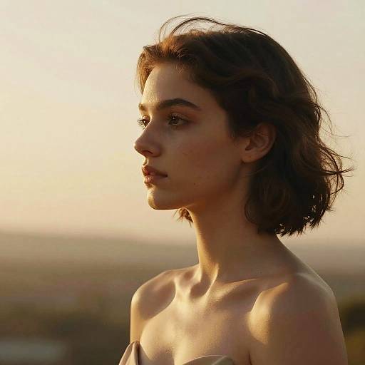 Photograph of a young woman with short, dark brown hair, fair skin, and subtle makeup, profile view, lit by golden sunset, wearing a